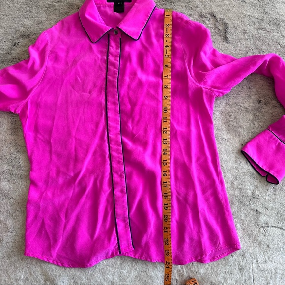 Pink Tartan Bright Pink Collared Button Down Shirt with Black Piping, Flowy - Picture 8 of 8